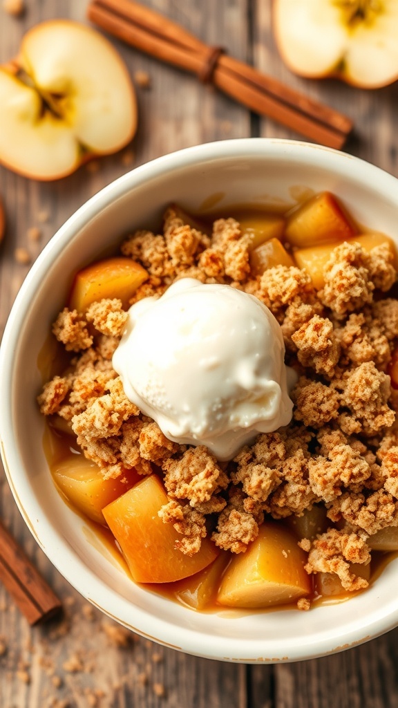 A warm apple crumble in a bowl with ice cream, on a rustic wooden table.